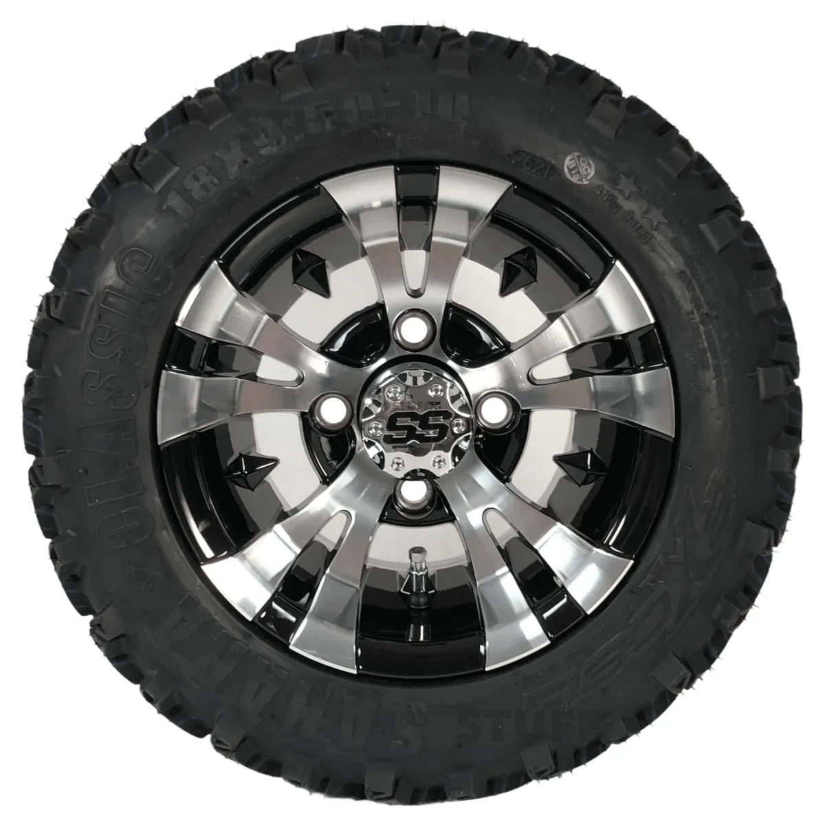 10" Vampire Black/Machined Aluminum Golf Cart Wheels and 18" All Terrain Off-Road Golf Cart Tires Combo - Set of 4  - 18" Tall (Fits all Carts!)