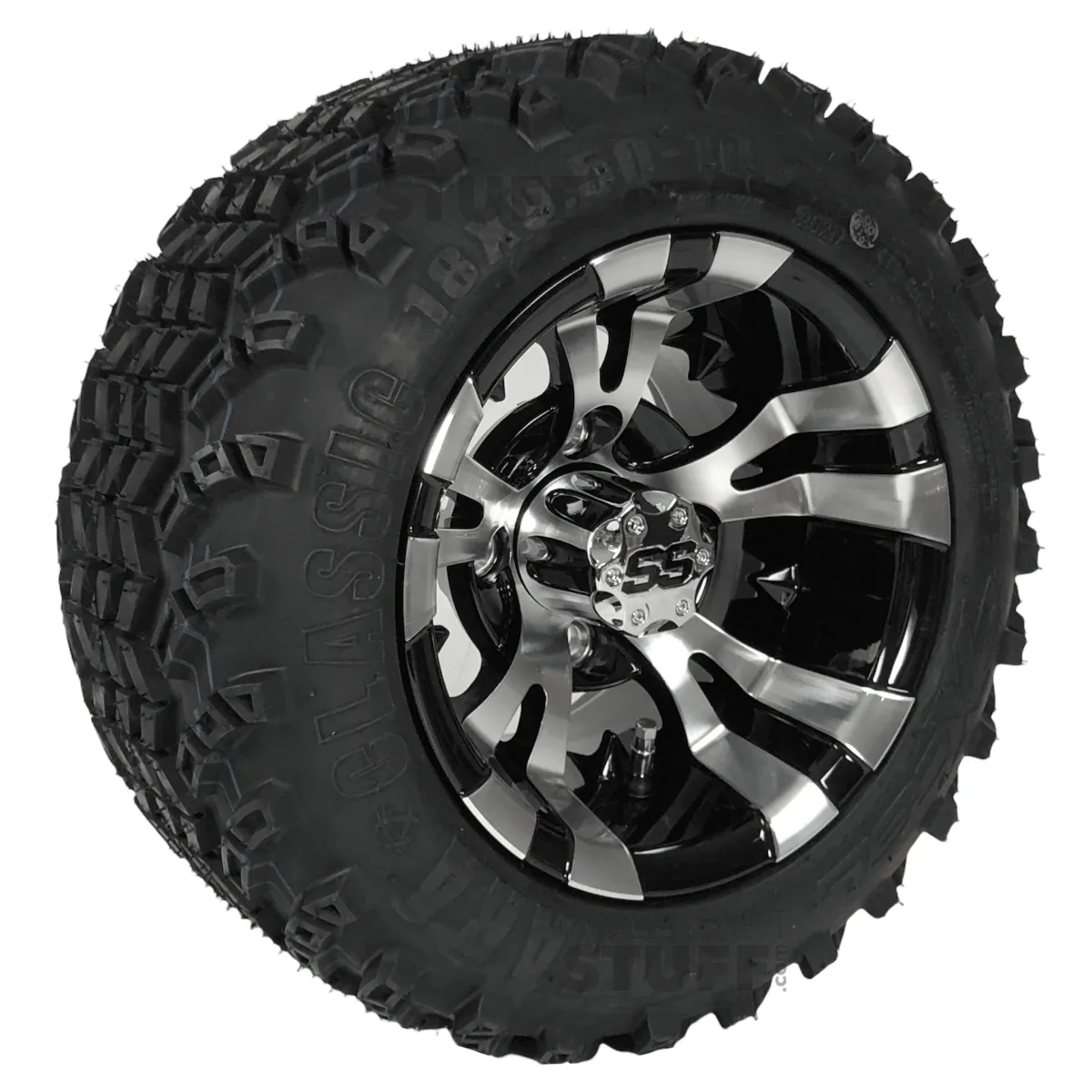 10" Vampire Black/Machined Aluminum Golf Cart Wheels and 18" All Terrain Off-Road Golf Cart Tires Combo - Set of 4  - 18" Tall (Fits all Carts!)