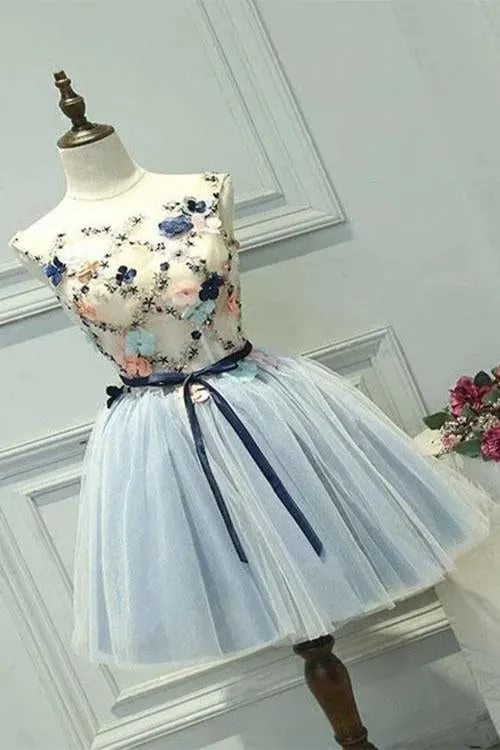 A-Line Blue Tulle Homecoming Dresses With Appliques, Cute Graduation Dress with Flower UQ2177