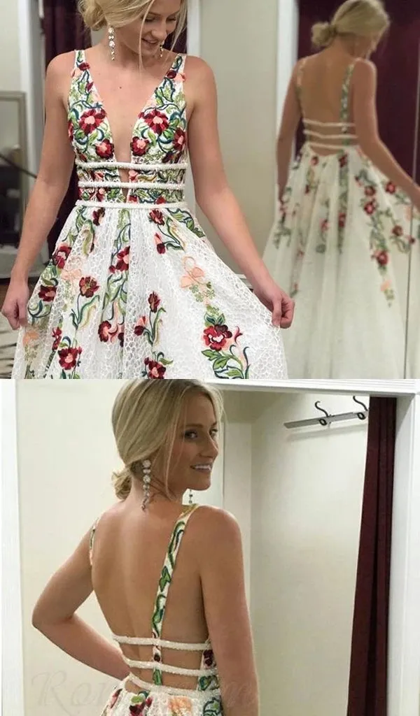 A Line V Neck Ivory Lace Prom Dresses with Flowers , Long Sleeveless Party Dresses with Appliques UQP0003
