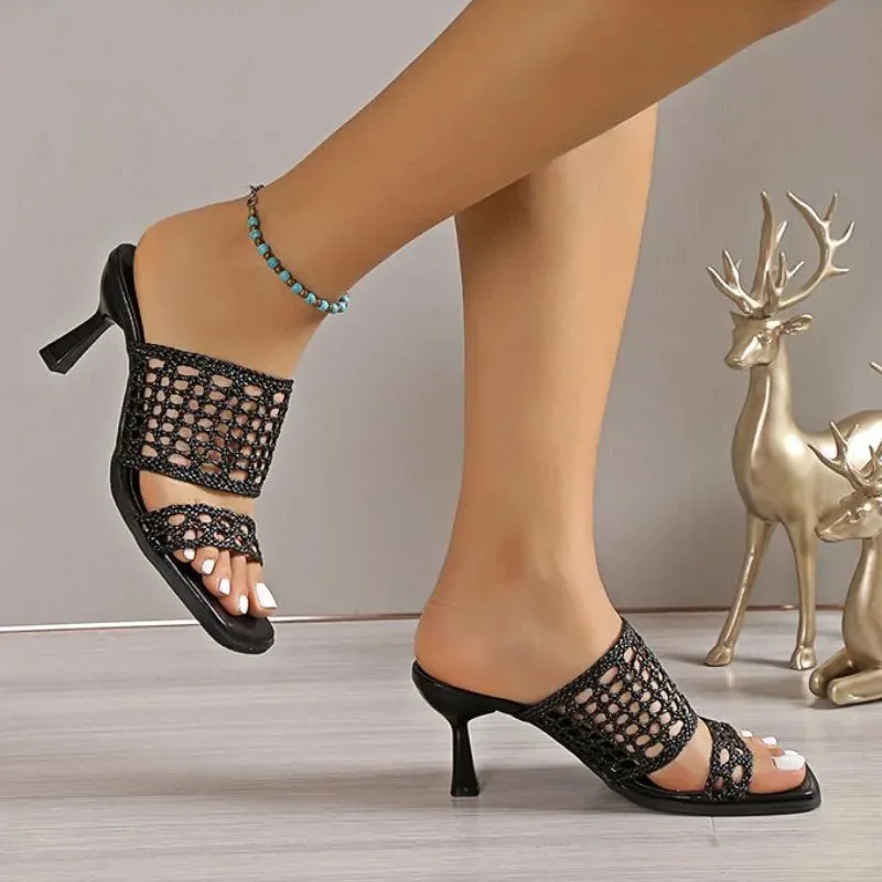 Amozae-Summer Mesh Sandals Women Square Toe Peep-toe Skeleton High-heeled Women Shoes Breathable Comfy Outdoor Flip Flops Slipper Women