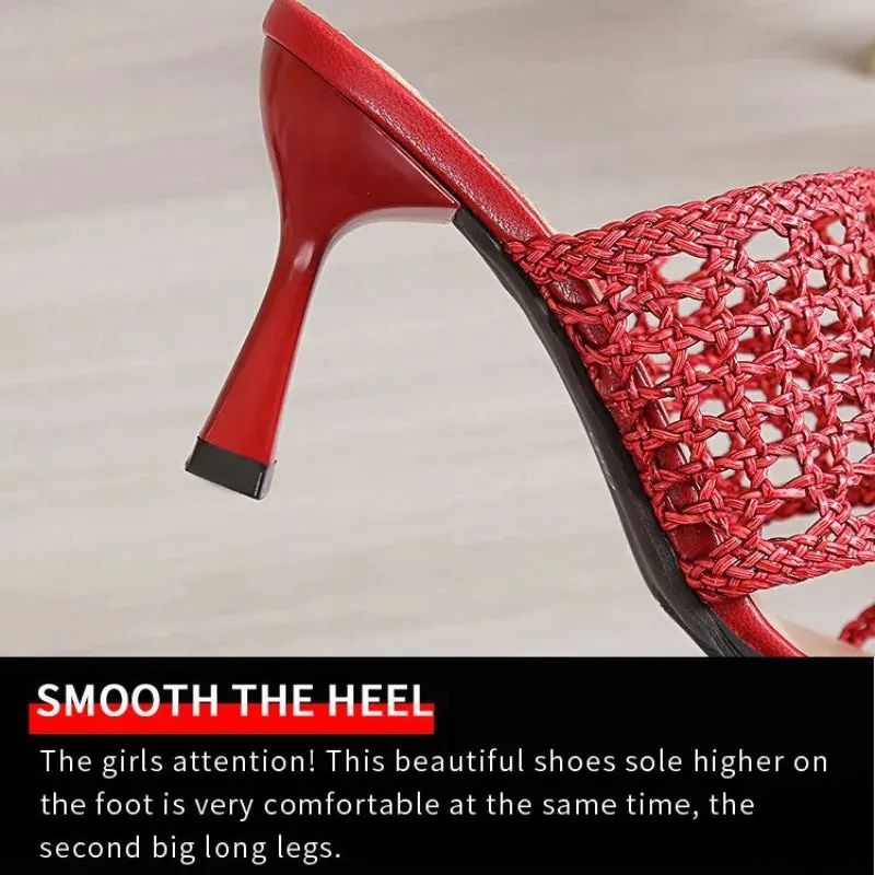Amozae-Summer Mesh Sandals Women Square Toe Peep-toe Skeleton High-heeled Women Shoes Breathable Comfy Outdoor Flip Flops Slipper Women