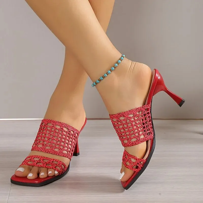Amozae-Summer Mesh Sandals Women Square Toe Peep-toe Skeleton High-heeled Women Shoes Breathable Comfy Outdoor Flip Flops Slipper Women