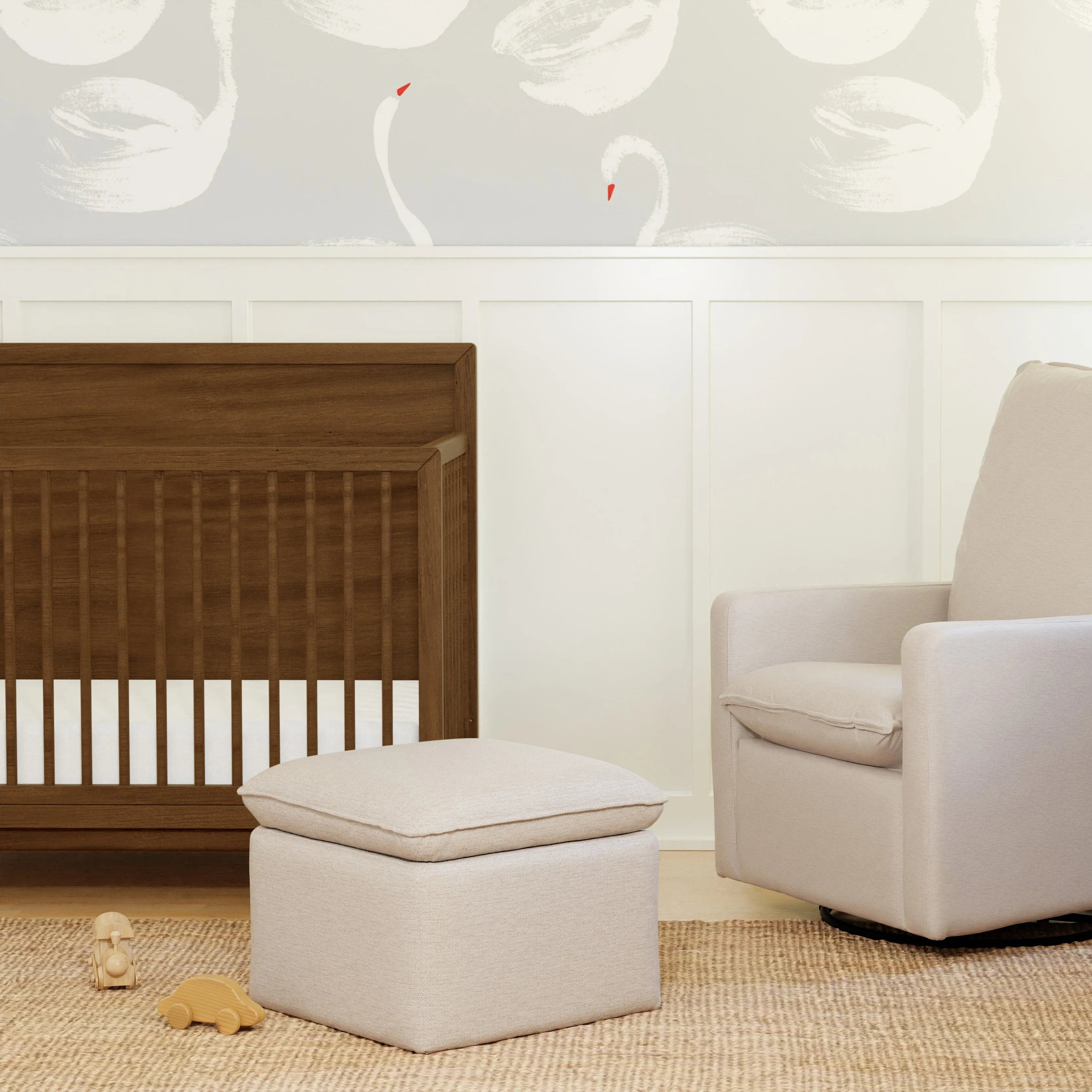 Babyletto Cali Storage Ottoman in Eco-Performance Fabric with USB port | Water Repellent & Stain Resistant