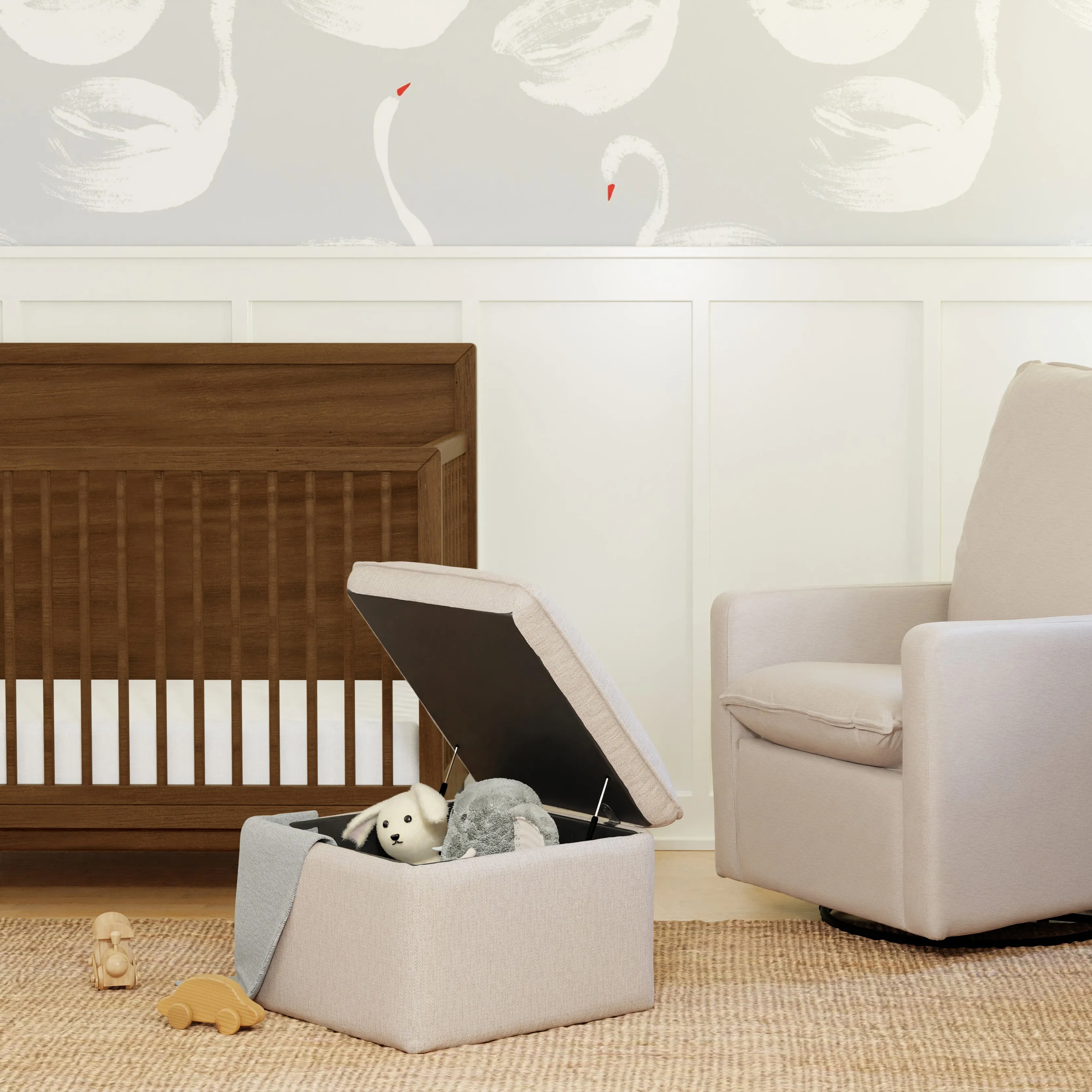Babyletto Cali Storage Ottoman in Eco-Performance Fabric with USB port | Water Repellent & Stain Resistant