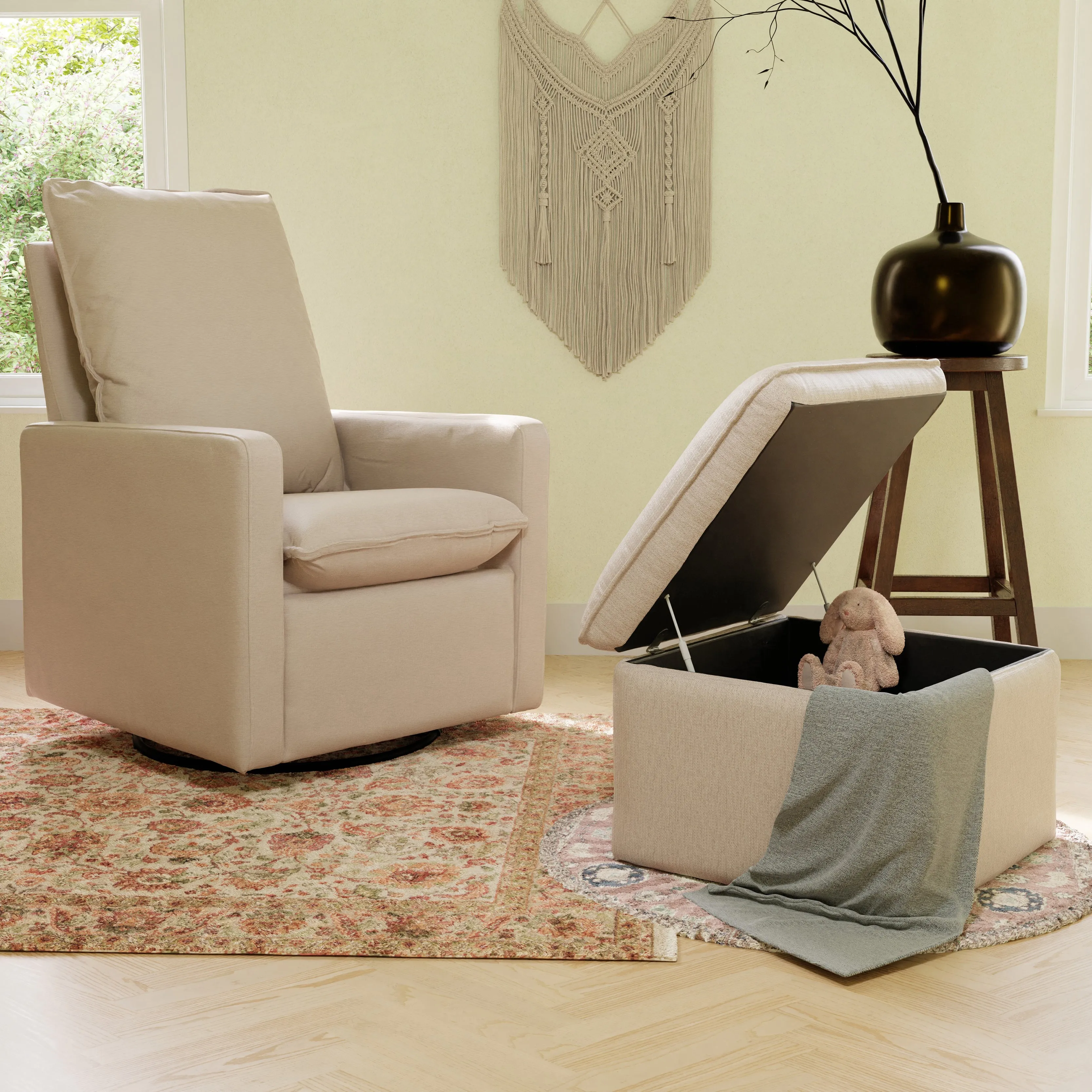 Babyletto Cali Storage Ottoman in Eco-Performance Fabric with USB port | Water Repellent & Stain Resistant
