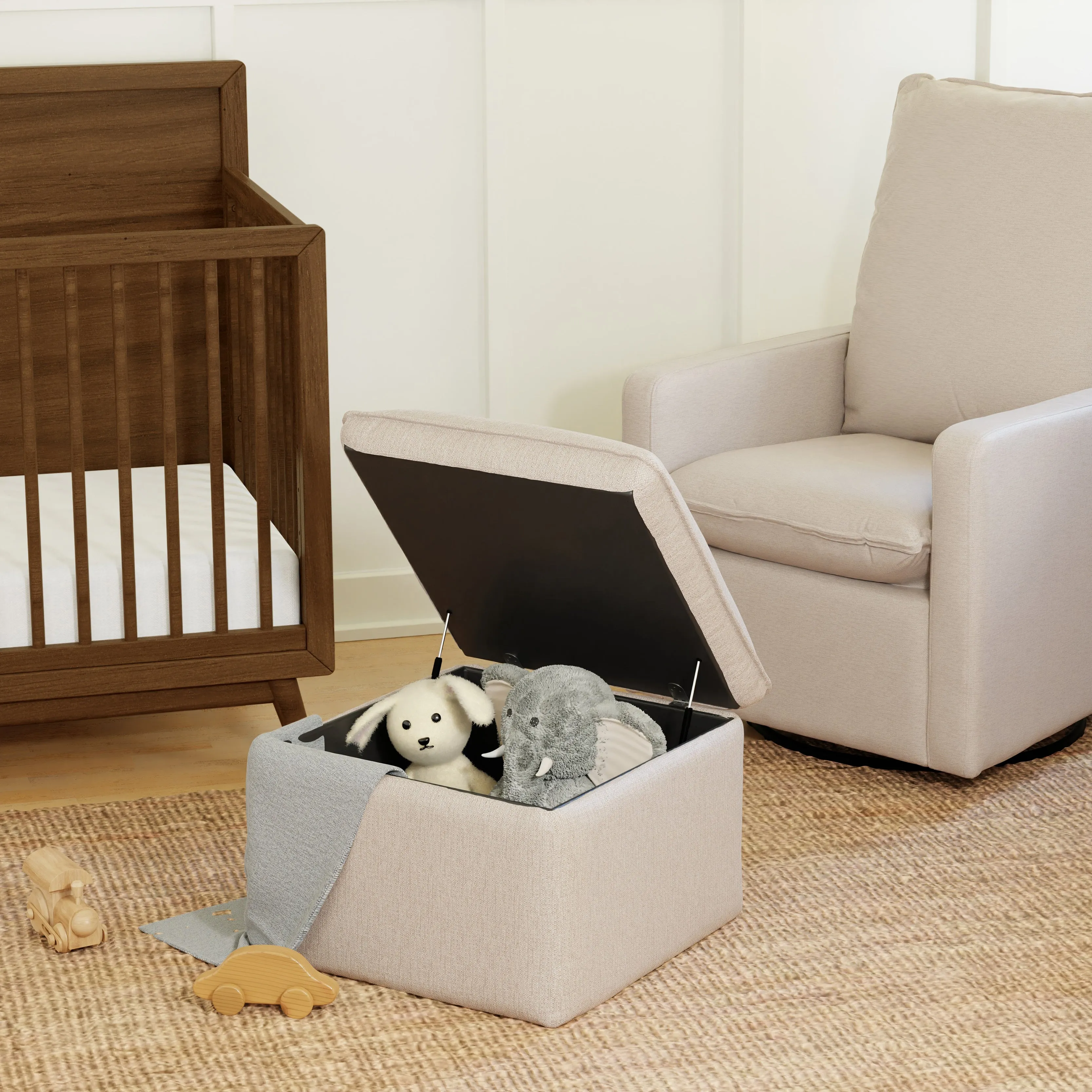 Babyletto Cali Storage Ottoman in Eco-Performance Fabric with USB port | Water Repellent & Stain Resistant