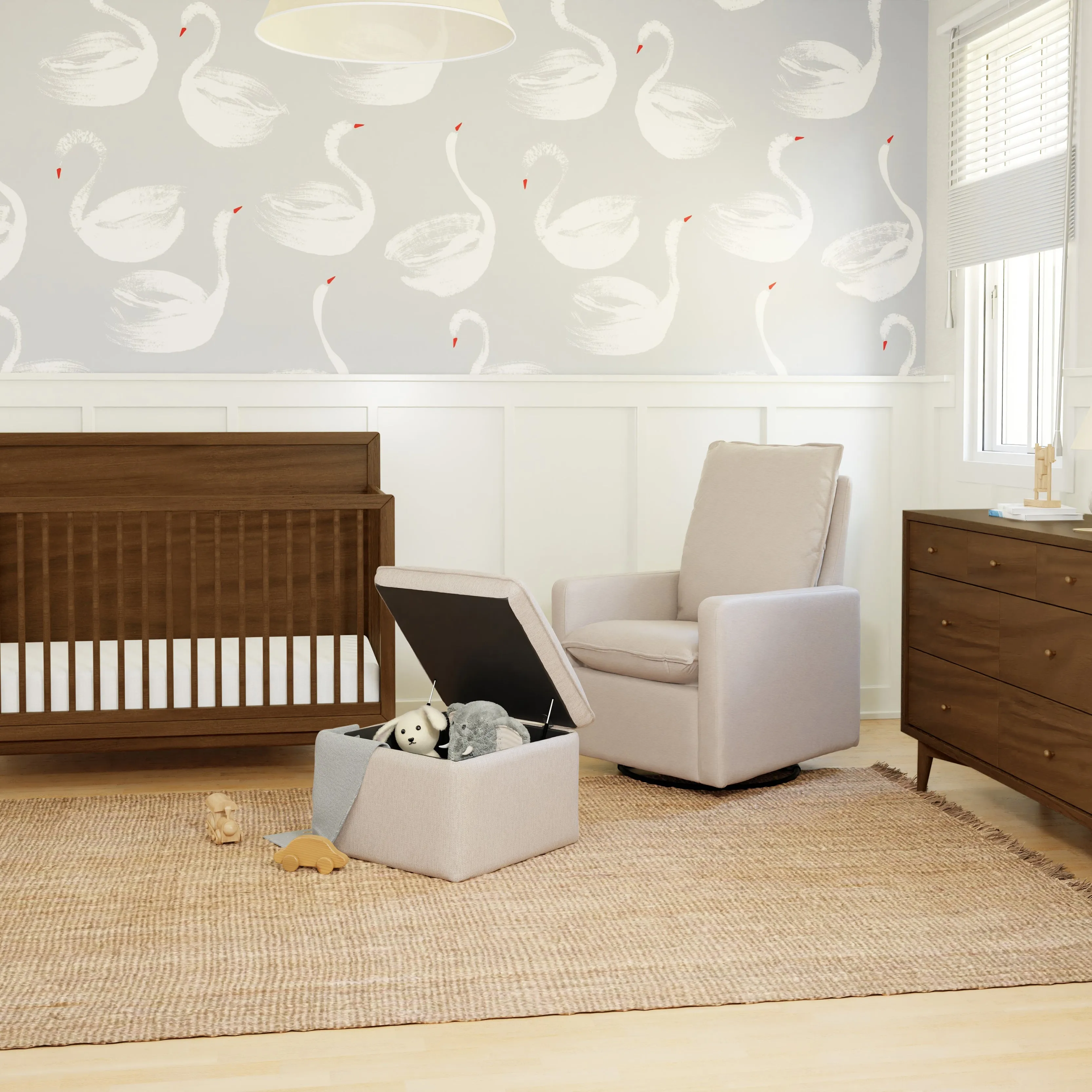 Babyletto Cali Storage Ottoman in Eco-Performance Fabric with USB port | Water Repellent & Stain Resistant