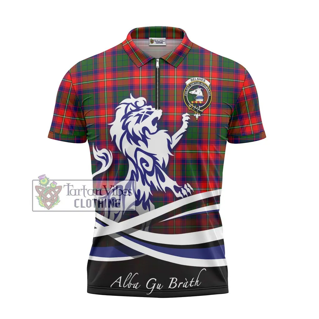 Belshes Tartan Zipper Polo Shirt with Alba Gu Brath Regal Lion Emblem