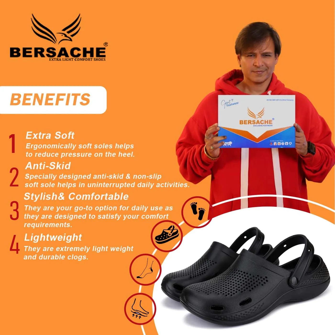 Bersache Extra Soft Classic Casual with  Regular wear with Ultra Soft & Flexibility Technology Clogs for Men's & Boy's- 6011- Black