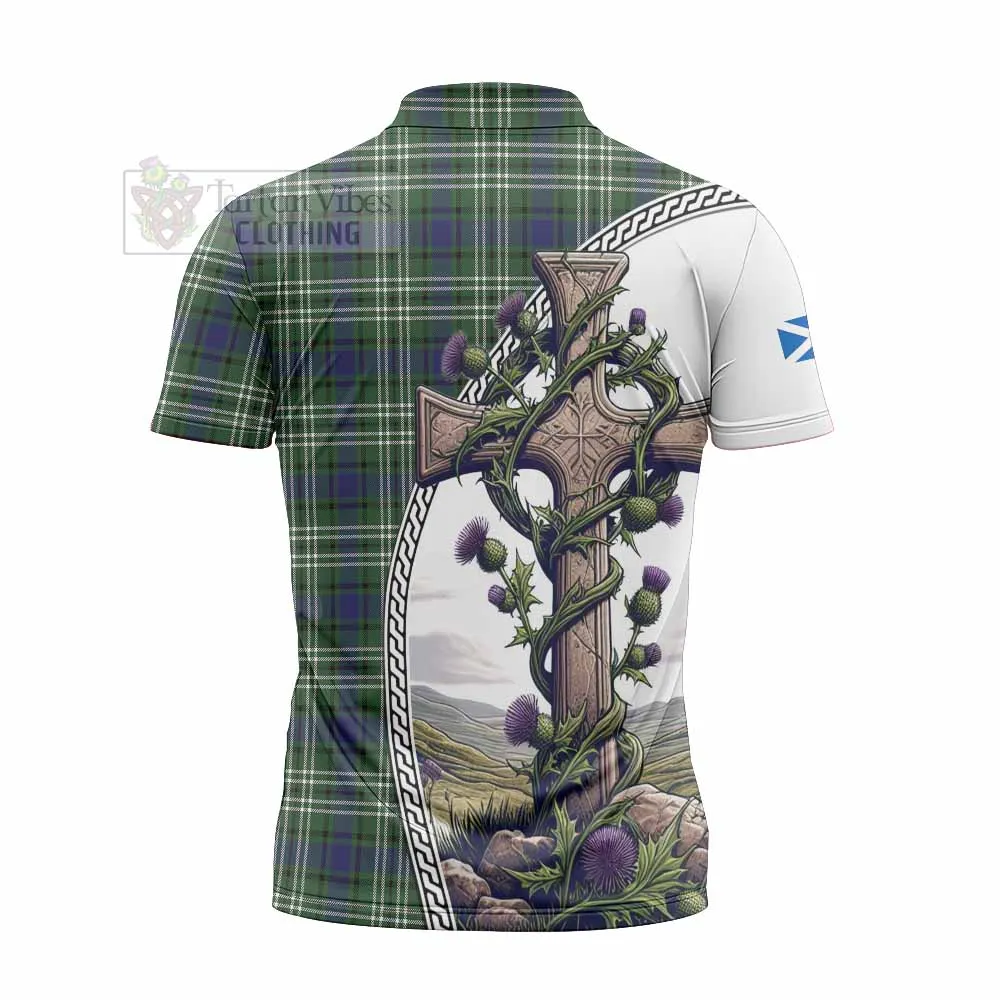 Blyth Tartan Zipper Polo Shirt with Family Crest and St. Andrew's Cross Accented by Thistle Vines