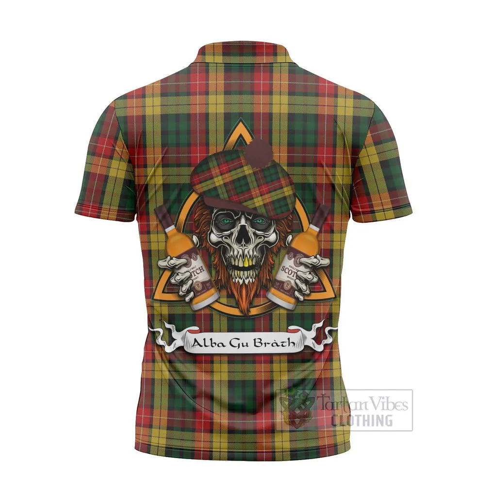 Buchanan Tartan Zipper Polo Shirt with Family Crest and Bearded Skull Holding Bottles of Whiskey