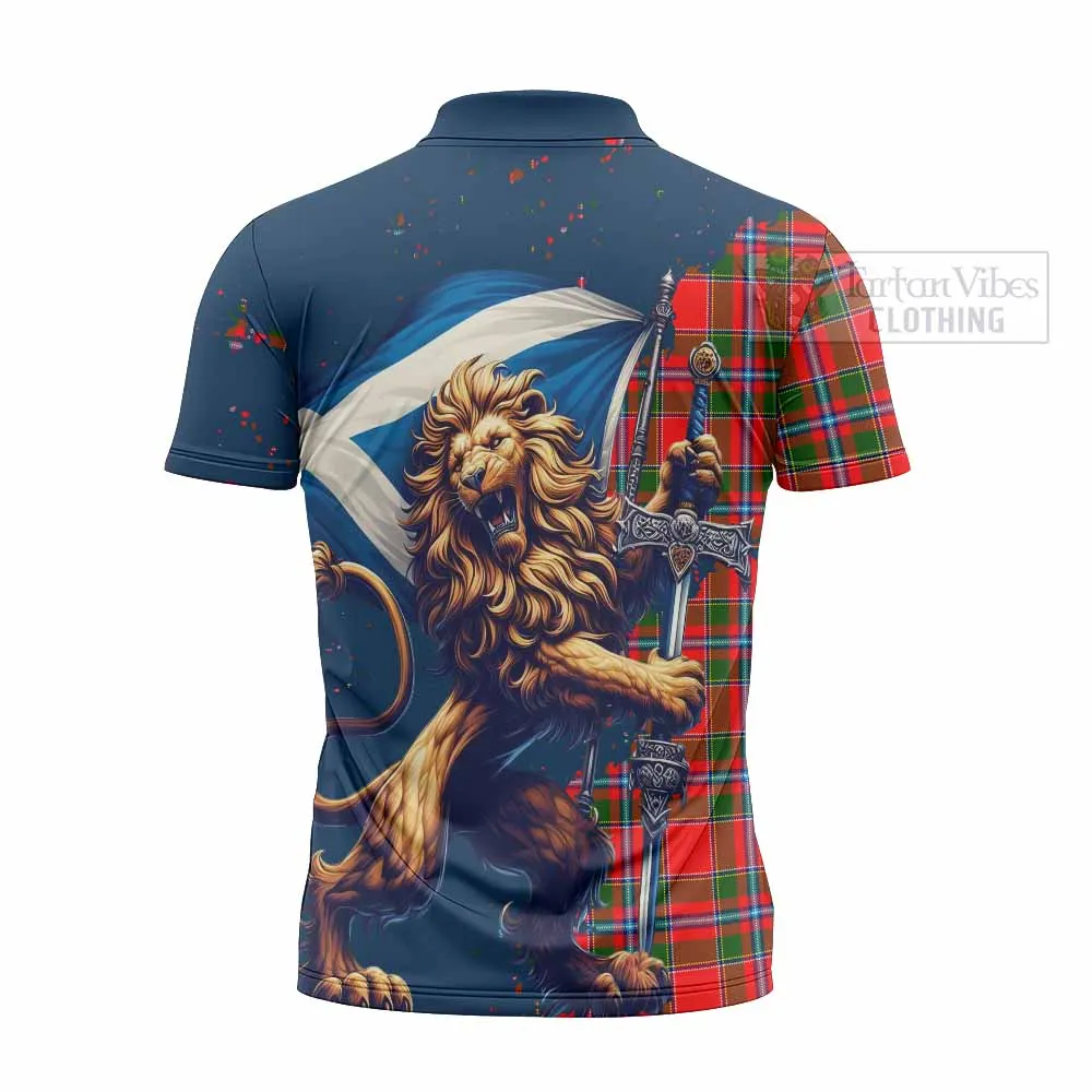 Butter Tartan Family Crest Zipper Polo Shirt with Scottish Majestic Lion