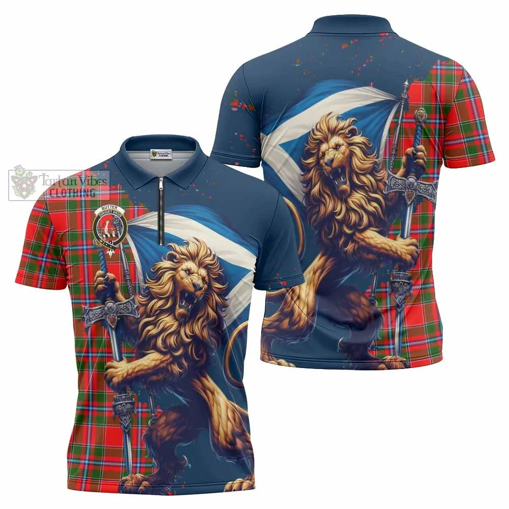 Butter Tartan Family Crest Zipper Polo Shirt with Scottish Majestic Lion
