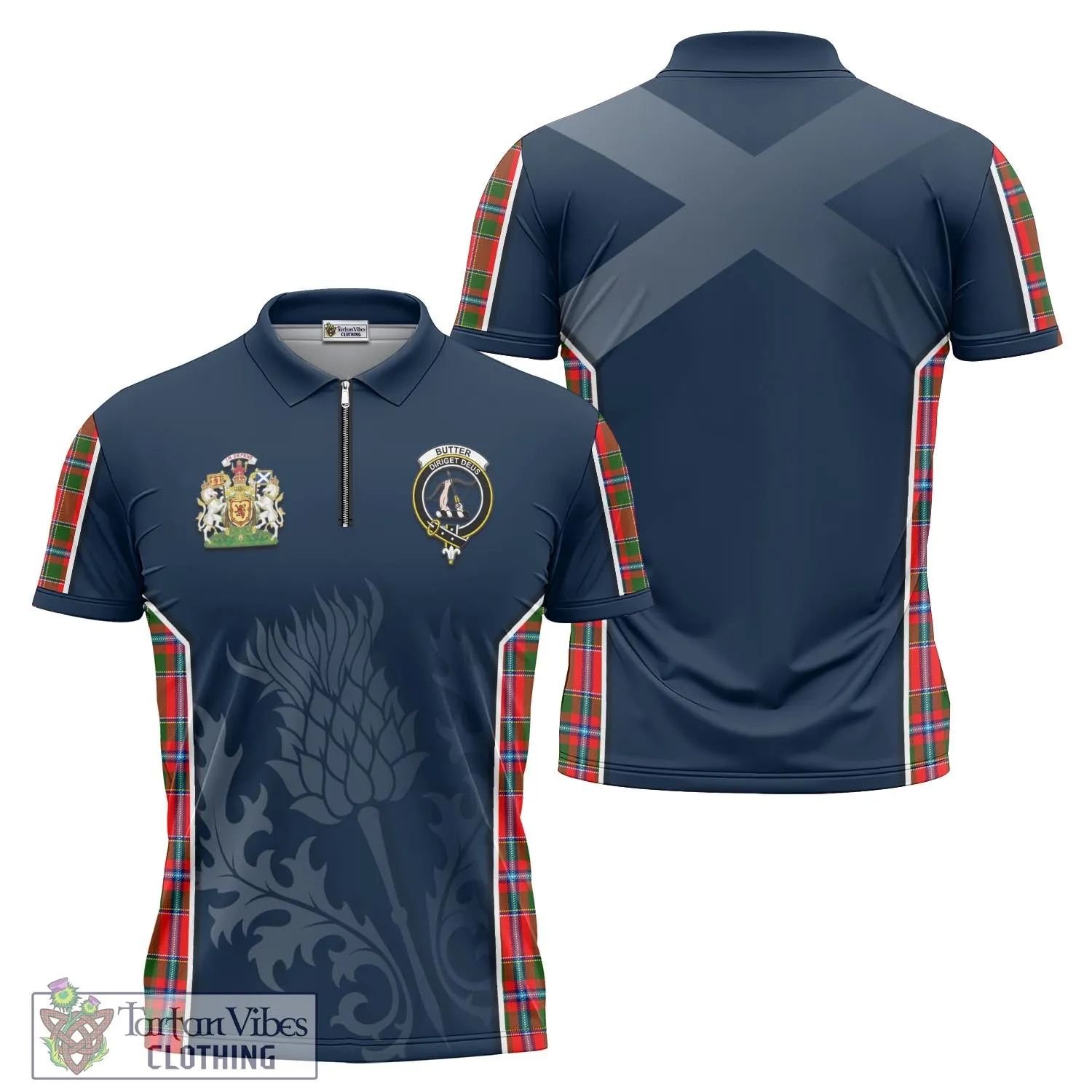 Butter Tartan Zipper Polo Shirt with Family Crest and Scottish Thistle Vibes Sport Style