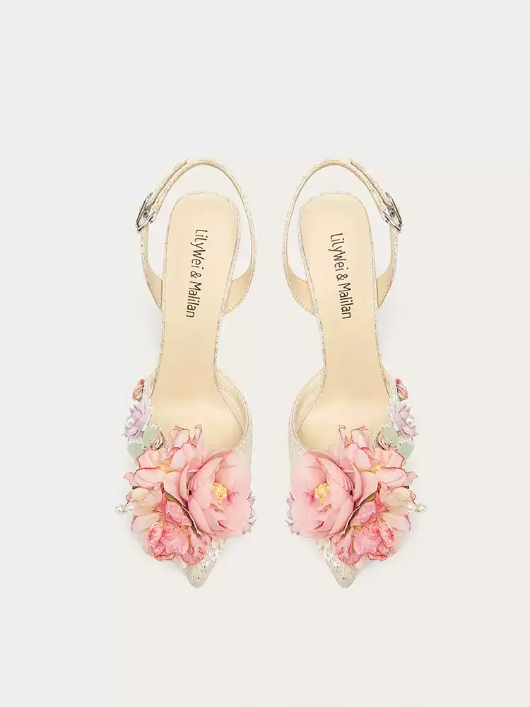 Champagne Floral Embellished Glitter High Heel Sandals - Summer Designer Style