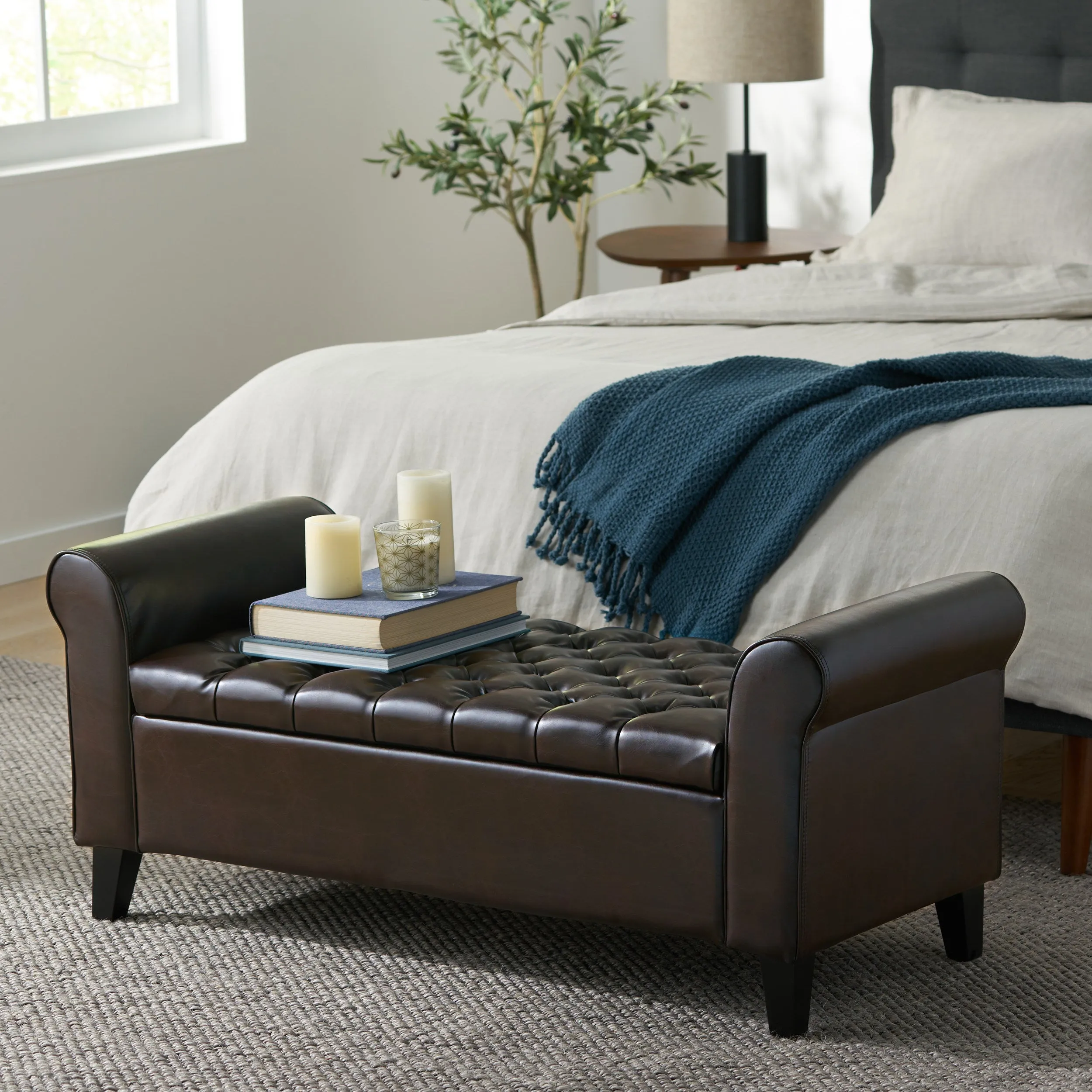 Charlemagne Rolled Arm Tufted Leather Storage Ottoman Bench