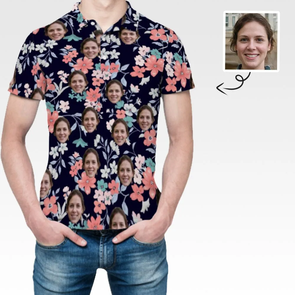 Custom Face Small Flower All Over Print Polo Shirt Personalized Men's Golf Shirt