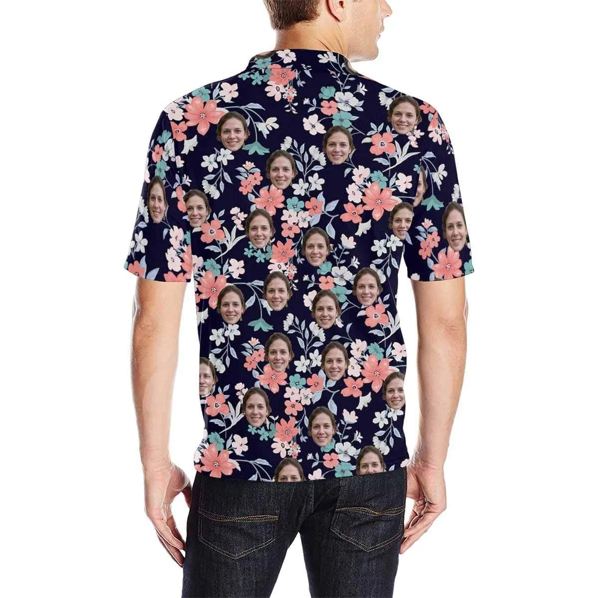 Custom Face Small Flower All Over Print Polo Shirt Personalized Men's Golf Shirt