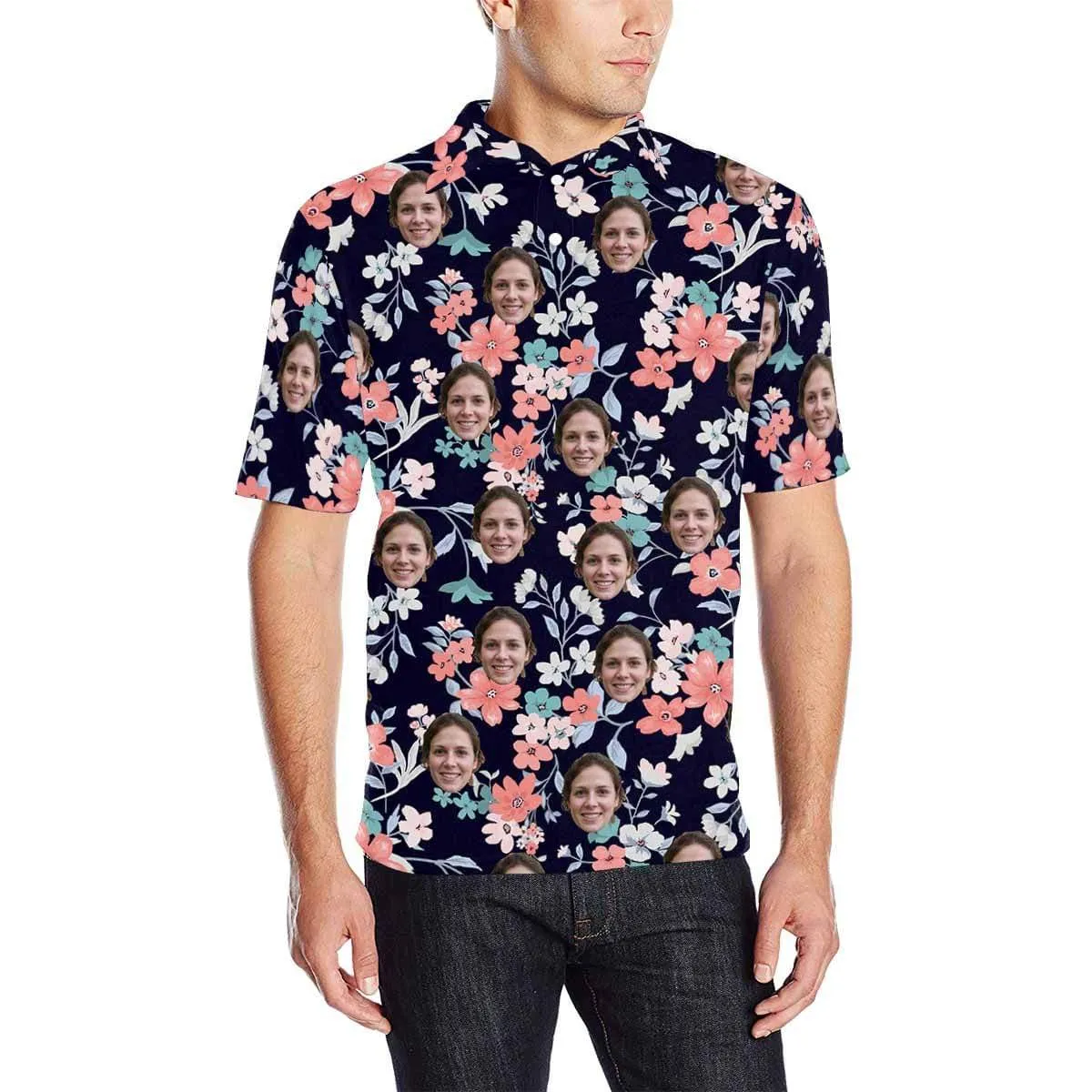 Custom Face Small Flower All Over Print Polo Shirt Personalized Men's Golf Shirt