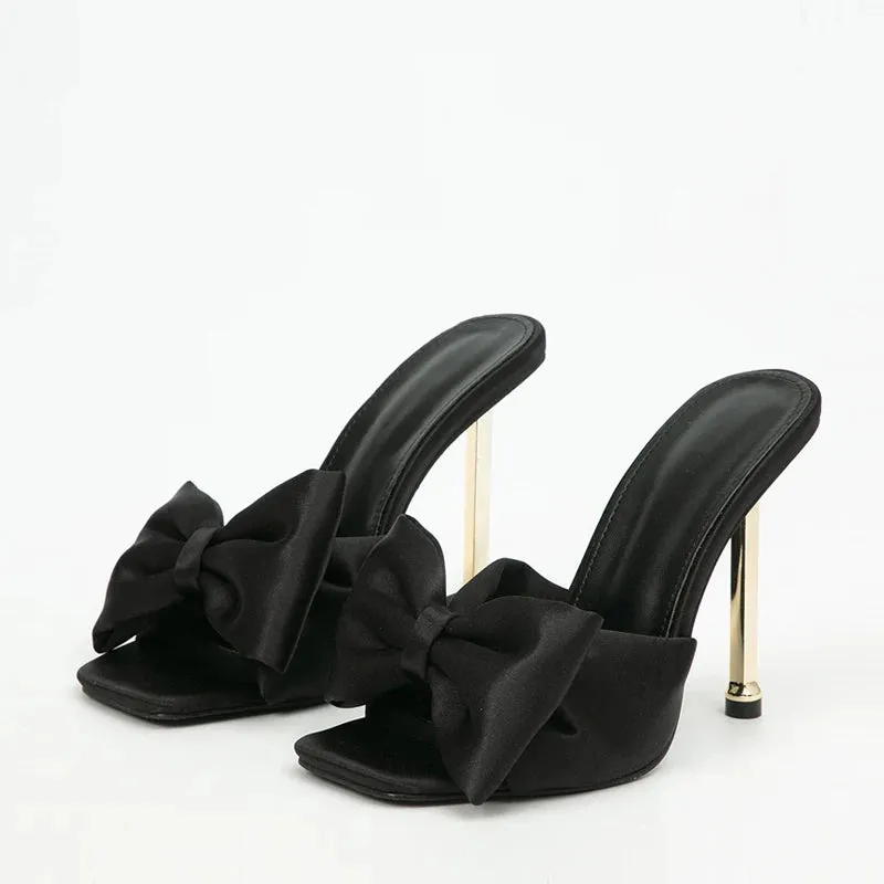 Fashion Party Metal High Heels Slippers Female Silk Butterfly-Knot Designer Gladiator Sandals Open Toe Summer Women Shoes Pumps