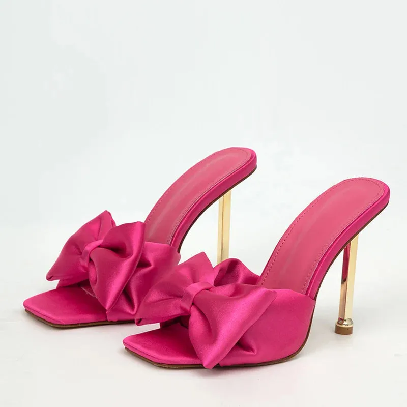 Fashion Party Metal High Heels Slippers Female Silk Butterfly-Knot Designer Gladiator Sandals Open Toe Summer Women Shoes Pumps