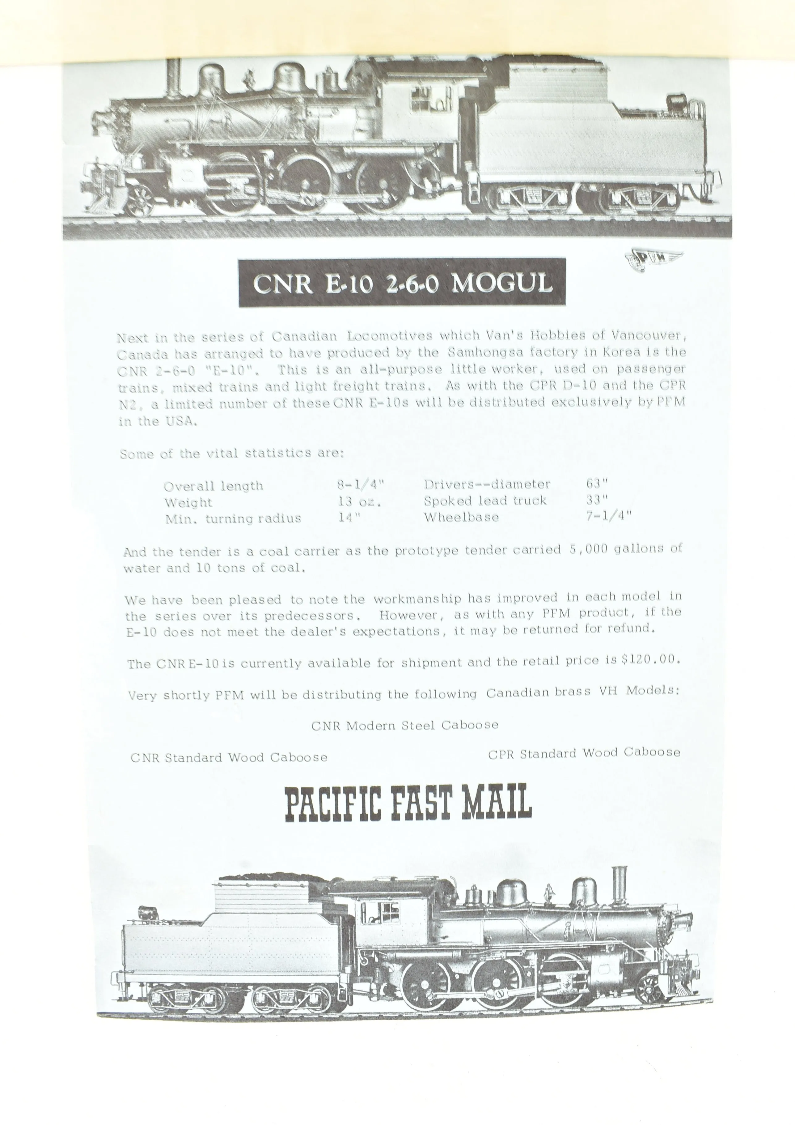 HO Brass PFM - Van Hobbies CNR - Canadian National Railway 2-6-0 E-10 Mogul AS-IS