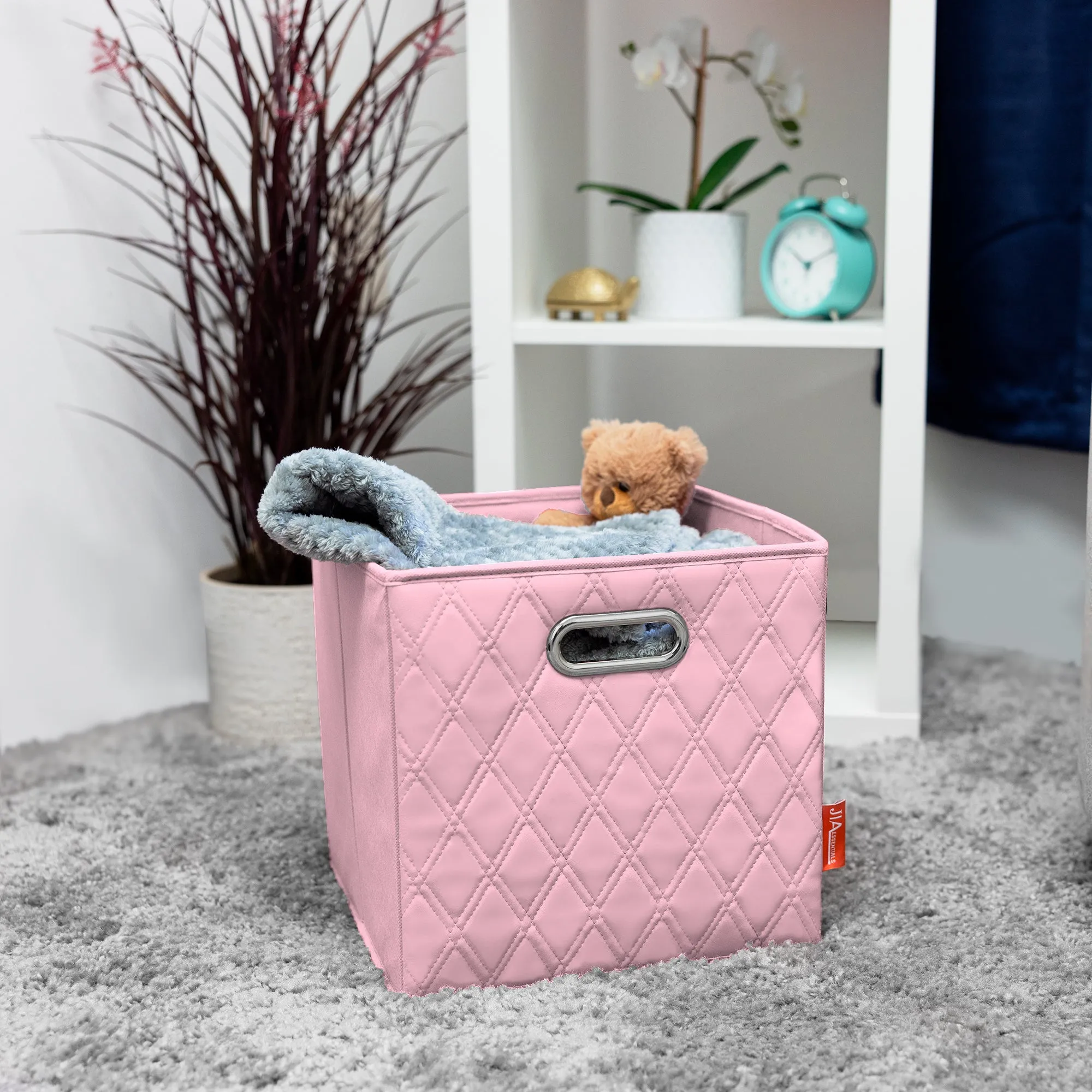 JIAessentials 13 inch Foldable Diamond Patterned Faux Leather Storage Cube Bins Set of Two with Dual Handles - 13" Pink