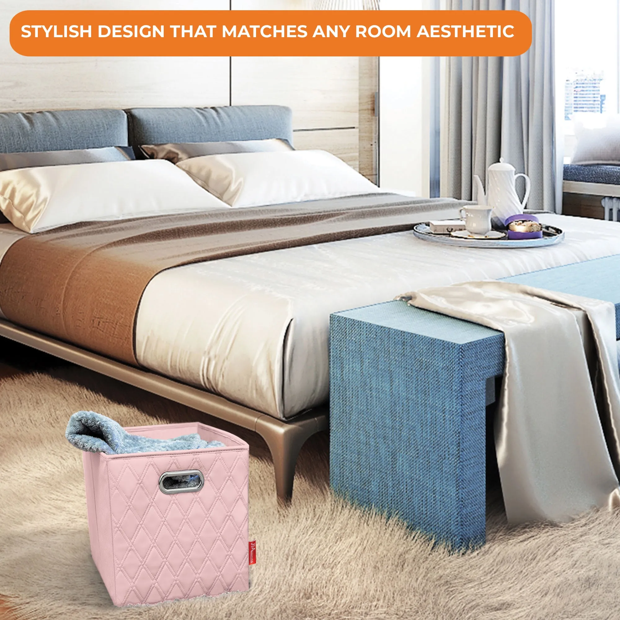 JIAessentials 13 inch Foldable Diamond Patterned Faux Leather Storage Cube Bins Set of Two with Dual Handles - 13" Pink