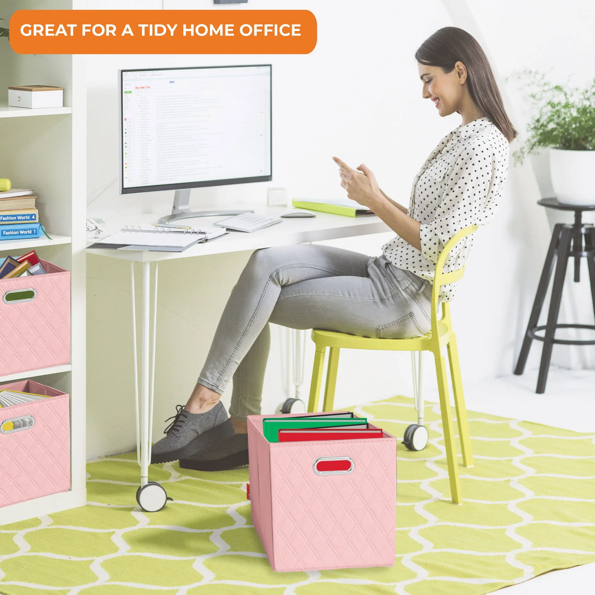 JIAessentials 13 inch Foldable Diamond Patterned Faux Leather Storage Cube Bins Set of Two with Dual Handles - 13" Pink