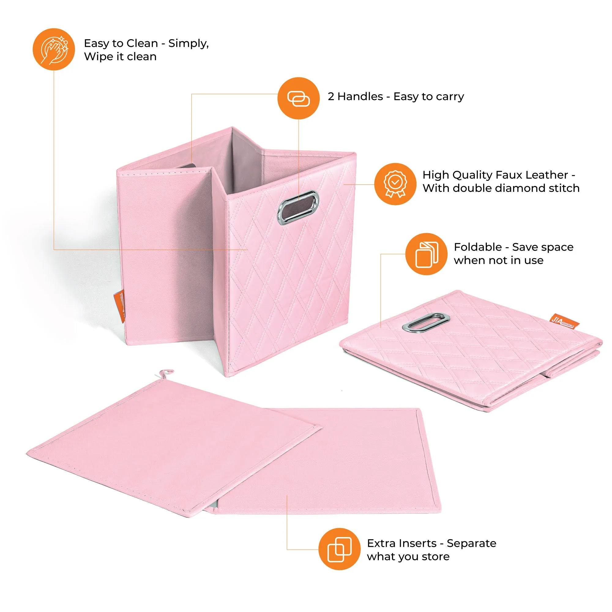 JIAessentials 13 inch Foldable Diamond Patterned Faux Leather Storage Cube Bins Set of Two with Dual Handles - 13" Pink