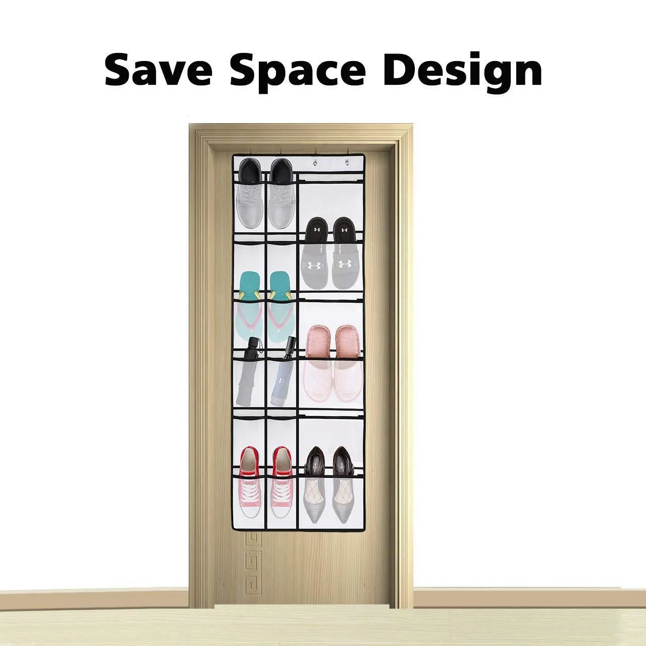 Kootek 2 Pack Over The Door Shoe Organizers, 12 Mesh Pockets   6 Large Mesh Storage Various Compartments Hanging Shoe Organizer with 8 Hooks Shoes Holder for Closet Bedroom, White (59 x 21.6 inch)