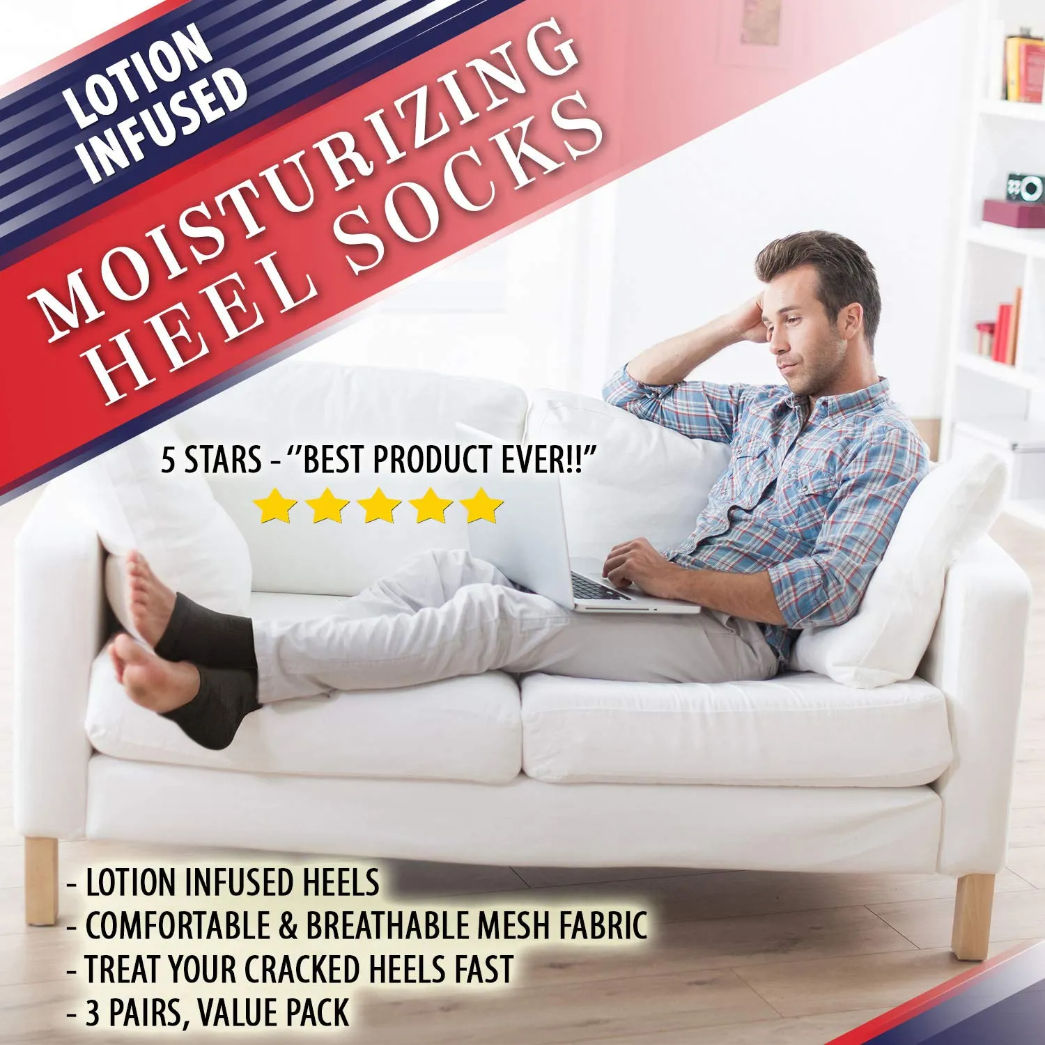 Moisturizing Socks for Mens Cracked Heels - Moisturizer Heel Sleeves to Smooth & Soften Rough Cracked Heels & Dry Feet. Large Aloe Moisturizing Heel Socks with Lotion Infused Gel Socks (XL - 3 Pairs)