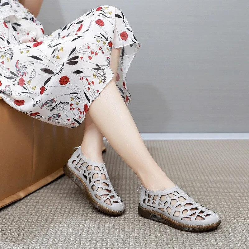 OCW Summer Leather Hollow Women Shoes Sandals Casual Flat Soft Sole Comfortable Sandals