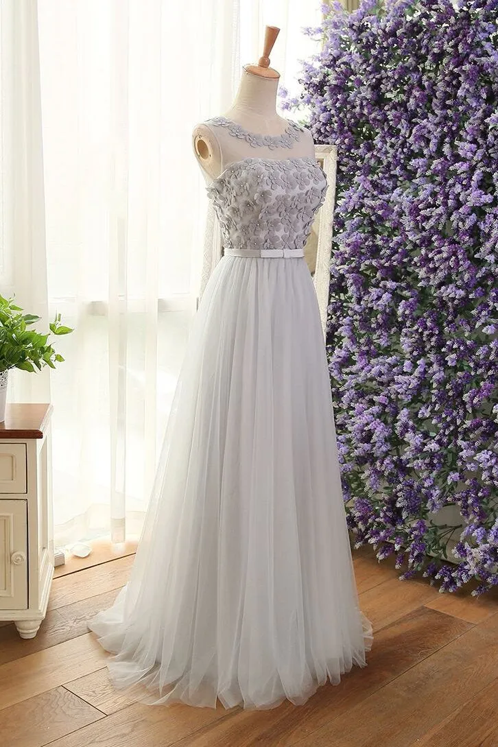 Pink Sleeveless Prom Dress with Flowers, A Line Floor Length Tulle Evening Dress UQ1775