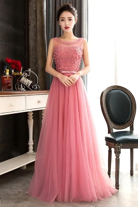 Pink Sleeveless Prom Dress with Flowers, A Line Floor Length Tulle Evening Dress UQ1775