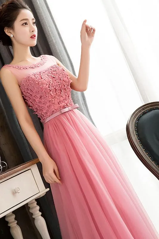 Pink Sleeveless Prom Dress with Flowers, A Line Floor Length Tulle Evening Dress UQ1775