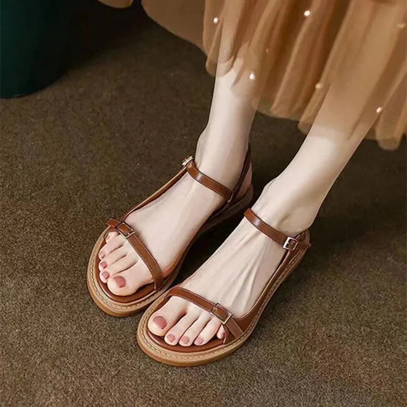 Wenkouban Summer Retro Roman Sandals Women Simple Type Open Toe Flat Sandals Fashion Buckle Low Heel Comfortable Dress Shoes for Women