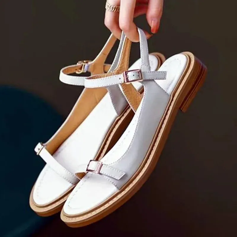 Wenkouban Summer Retro Roman Sandals Women Simple Type Open Toe Flat Sandals Fashion Buckle Low Heel Comfortable Dress Shoes for Women
